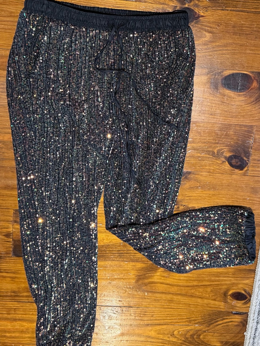 Style Rack Black Sequin Jogger Pants with Multicolor Sparkle